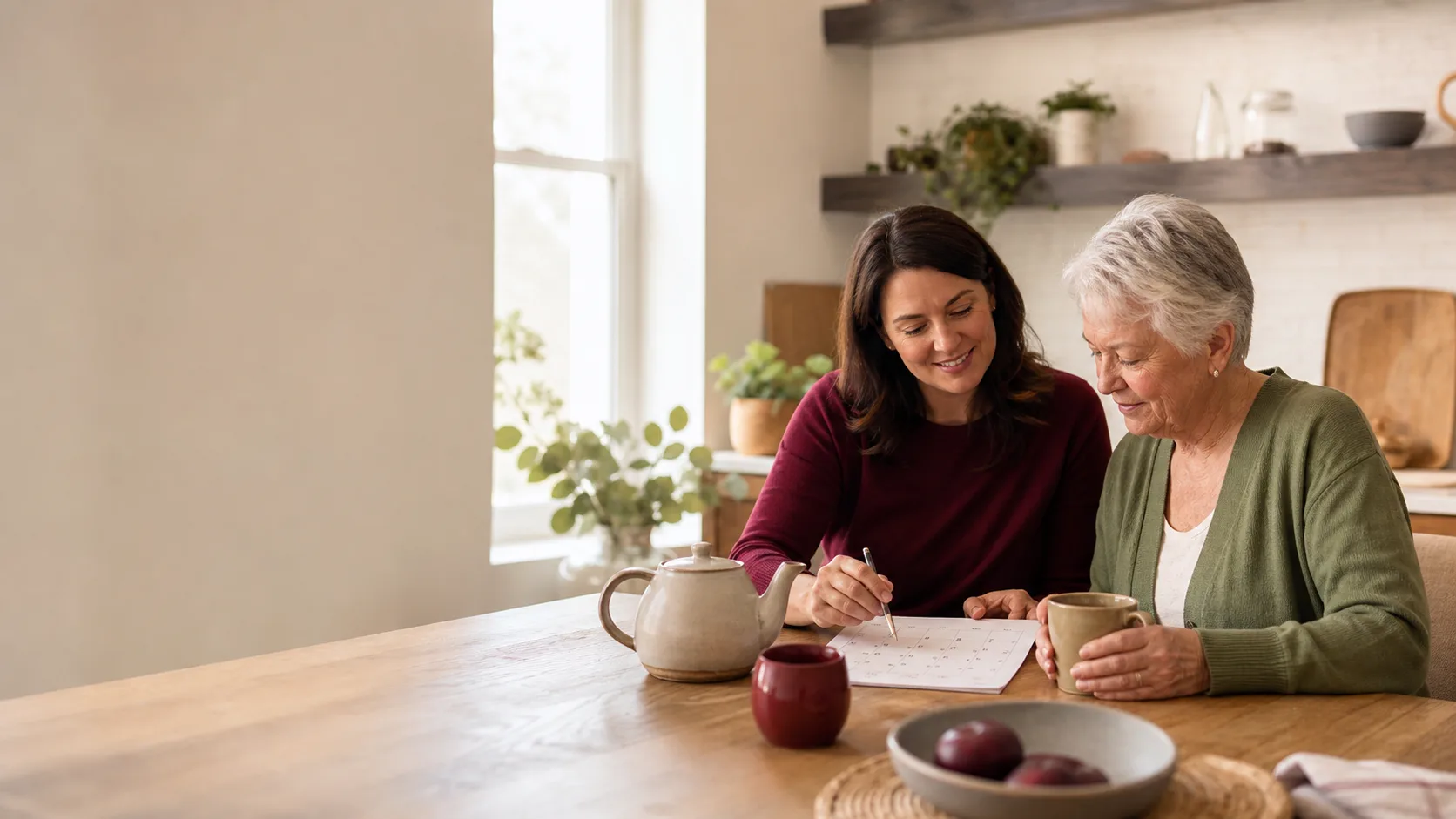 A caregiver and older adult reviewing a calendar at a kitchen table.